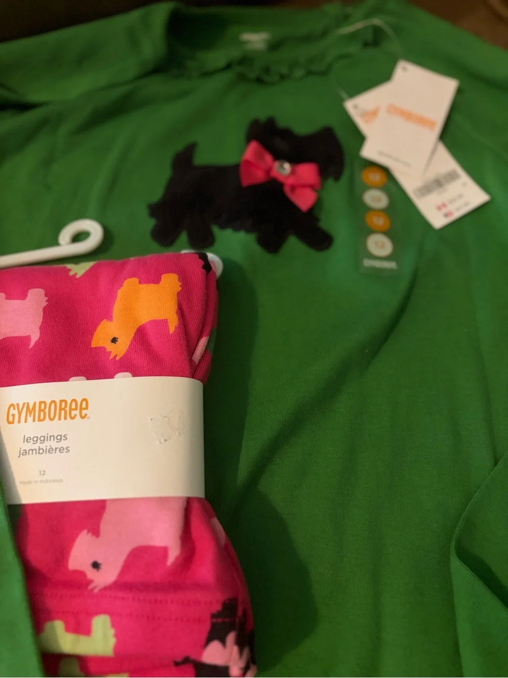 NWOT Gymboree Green Ruffle-Neck Top with Black Scottie Appliqué and Pink Bow